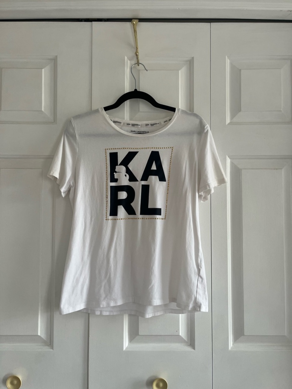 Karl Lagerfeld White Tee with Logo and Gold Stud Trim